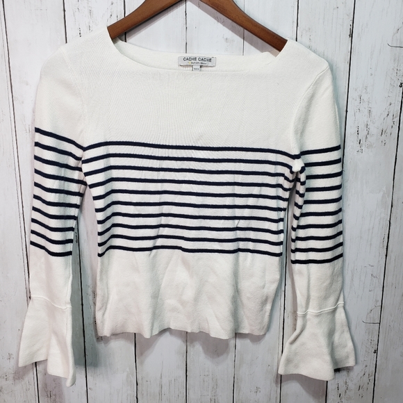 Cache Cache Women's White Blue Striped Cotton - Picture 1 of 9